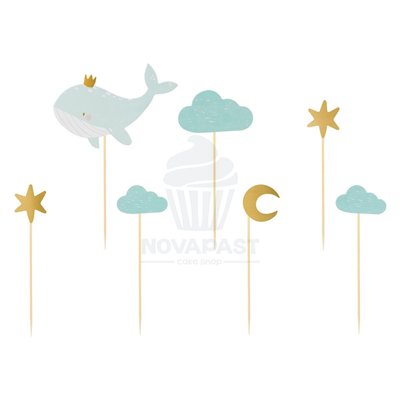 PARTYDECO SET 7 TOPPERS CUPCAKES BALLENA CIELO