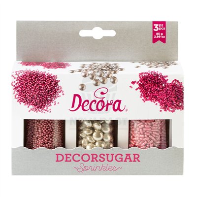 DECORA SET 3 BOTES 85 GR MIX SPRINKLES ROSA PLATA