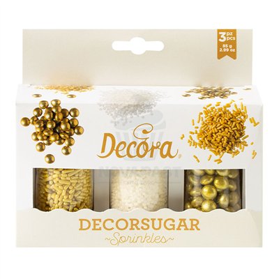 DECORA SET 3 BOTES 85 GR MIX SPRINKLES ORO BLANCO