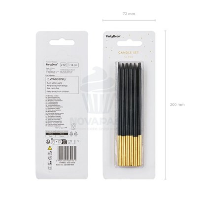 PARTYDECO SET 12 VELAS CUMPLEAÑOS NEGRO/ORO 14CM