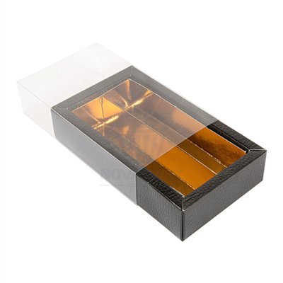 Caixa de Bombons Deluxe Preta 14,5x7,5x3,5 cm Filme Dourado (Unidade)