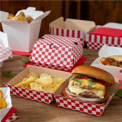 PAQ 50 CAJAS HAMBURGUESAS CUADROS ROJOS 14X14XH7CM