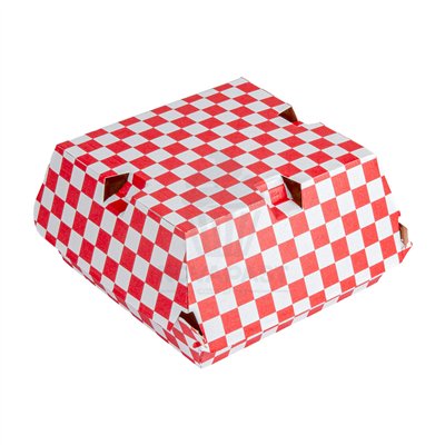 PAQ 50 CAJAS HAMBURGUESAS CUADROS ROJOS 14X14XH7CM