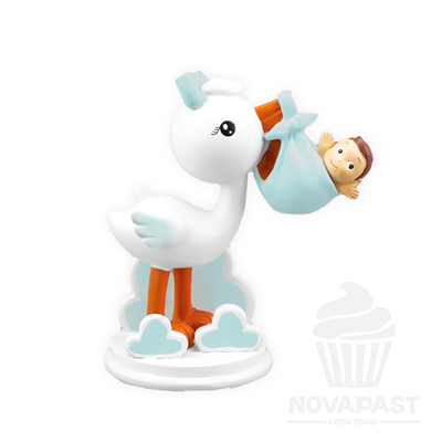 CIGUEÑA CON BEBE CON PAÑUELO CELESTE H12CM