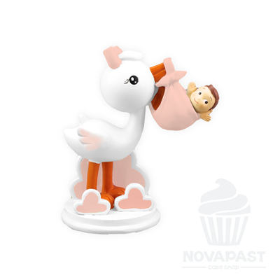 CIGUEÑA CON BEBE CON PAÑUELO ROSA H12CM