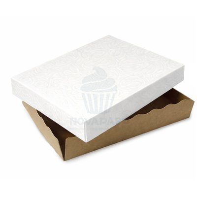 CAJA PASTELITOS TAPA BLANCA CUBETA ORO 27X21X4,5CM