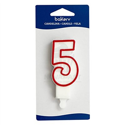 Bougie blanche 7,5 cm bord rouge numéro 5 - Décoration