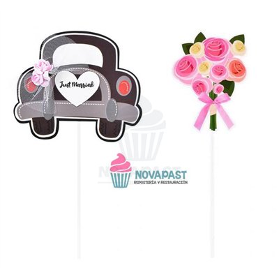 Decoração de Bolo: Carro e Buquê de Noivos (2 Peças)