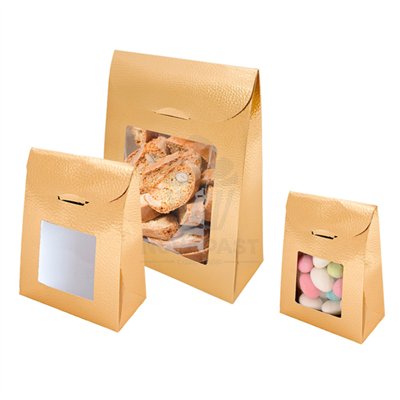 Bolsa Saquito Cartón Oro 13x9 cm con Ventana Elegante